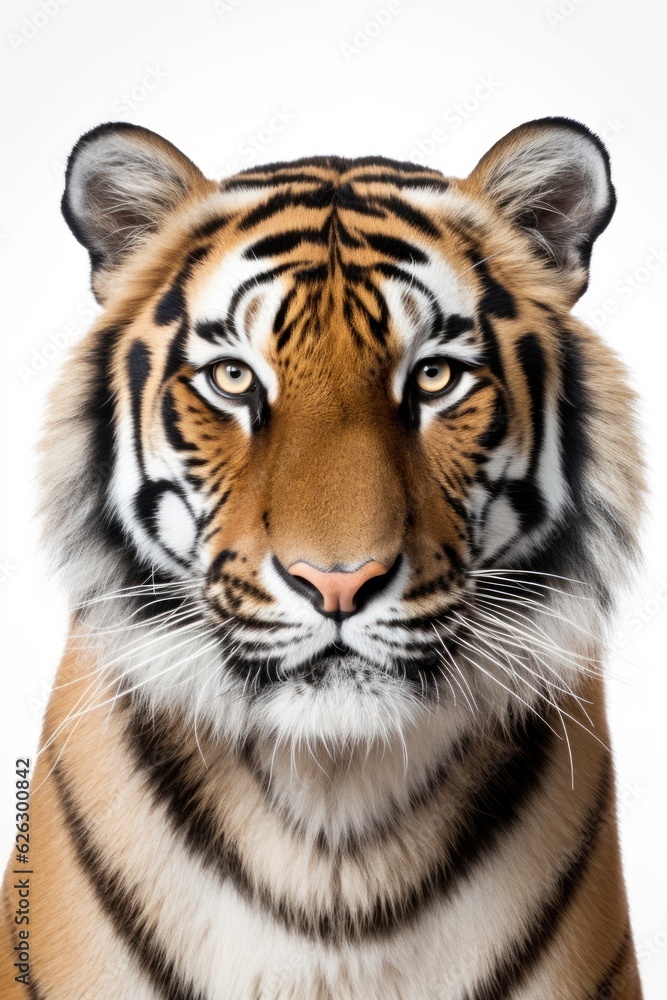 Portrait of a tiger's head, close-up, looking at the camera, isolated on a white background