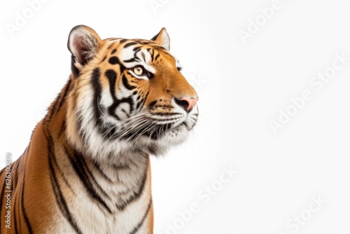 Portrait of a tiger  close-up  looking away  isolated on a white background. space for designer s text