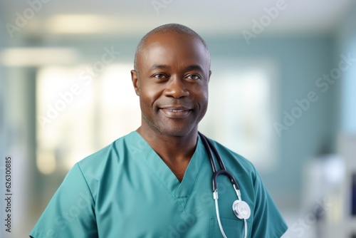 Close-up portrait of a benevolent, smiling confident male doctor, medical worker with a stethoscope on his neck, against the background of a hallway