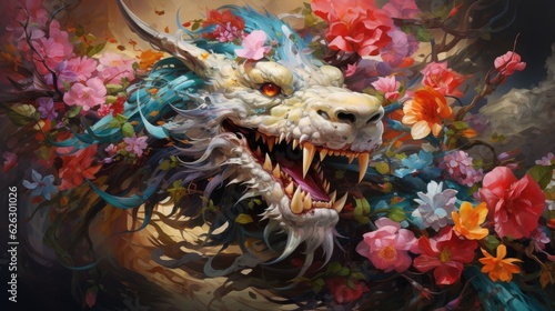 White and blue dragon with fantasy flowers and colorful butterflies background. Generative AI