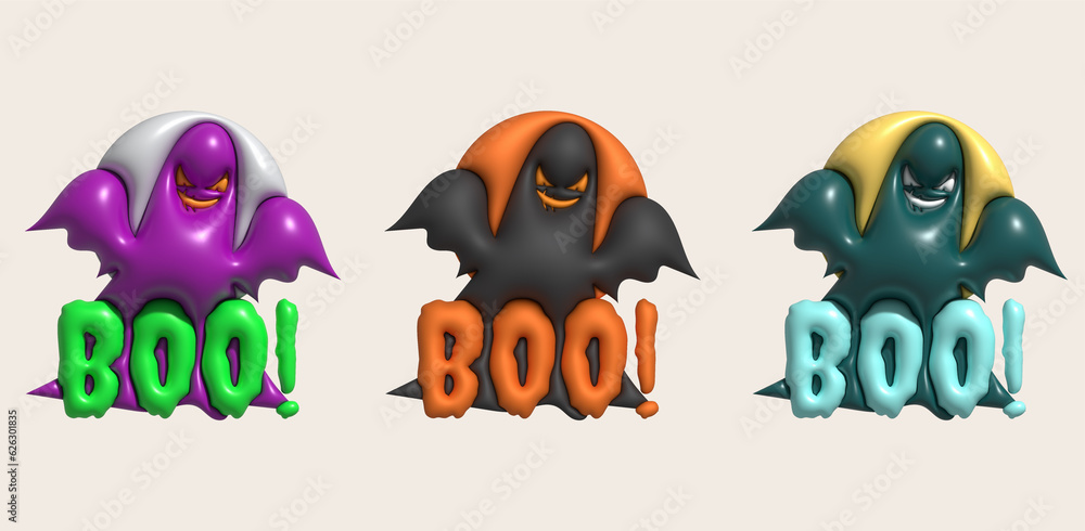 3D illustration. Halloween cute little ghost and boo lettering. and full moon