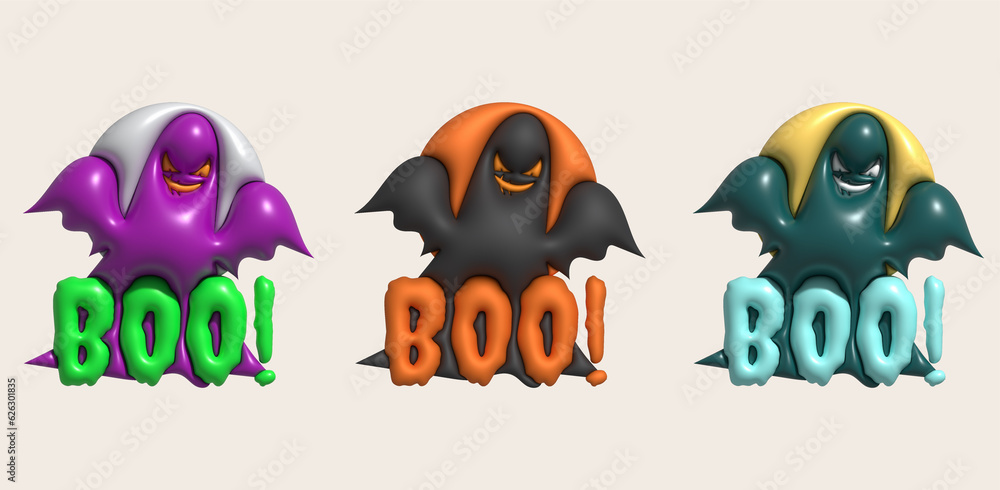Fototapeta premium 3D illustration. Halloween cute little ghost and boo lettering. and full moon