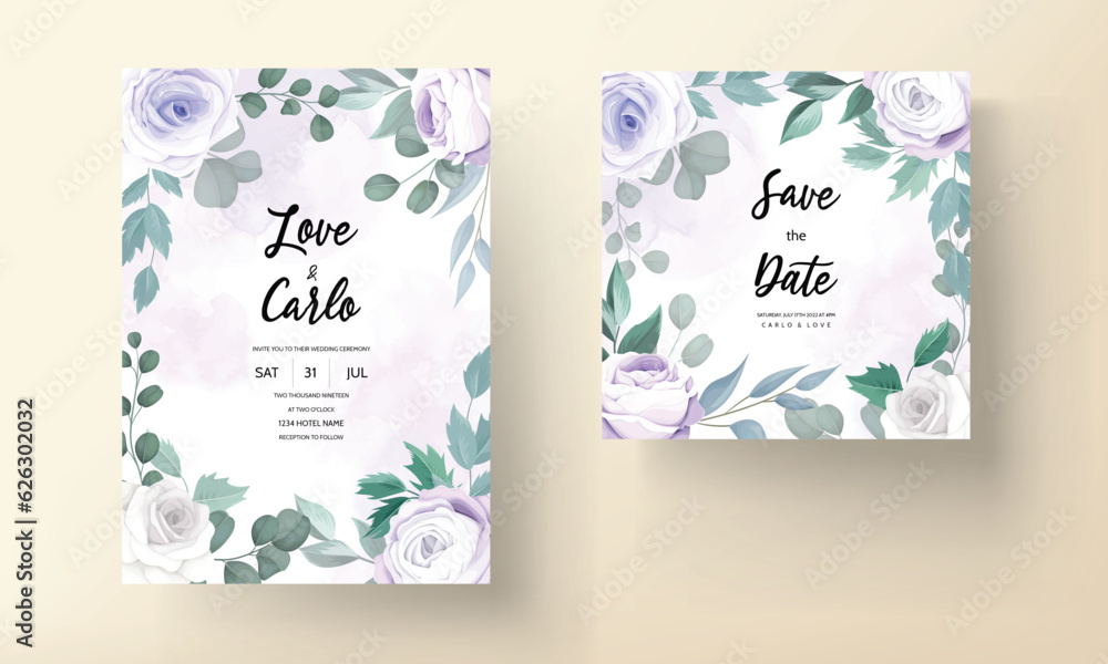 beautiful wedding invitation with soft purple roses flower