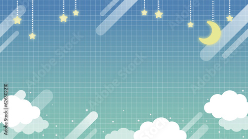 青と緑のグラデーションに星空と月と雲のかわいい背景