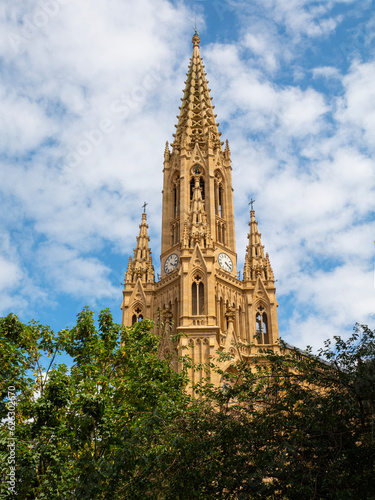 Impressive tower of Church of San Ignacio de Loyola Buen Pastor Cathedral in San Sebastian, Spain.