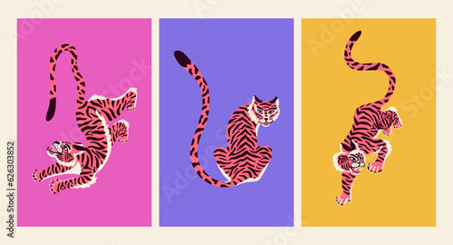 Posters with chinese tiger in groovy Chinese style. Beautiful abstract animal print design. For fabric, wall art, interior design, social media post, packaging.