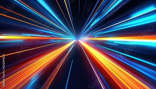 Colorful neon speed light lines background. Fiber optic Technology. Futuristic wallpaper. banner. Illustration. Generative AI