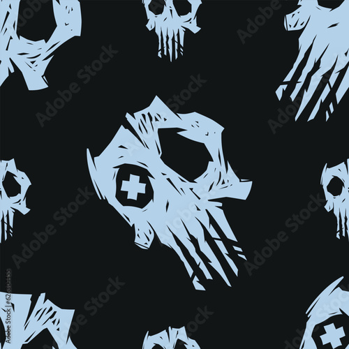 Cursed skull seamless pattern, black and gray colors. Suitable for fashion industry, branding, halloween background.