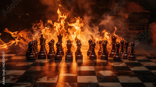 Chess in fire. business strategy brainstorm chess board game with hand touch black background with free copy space for your text