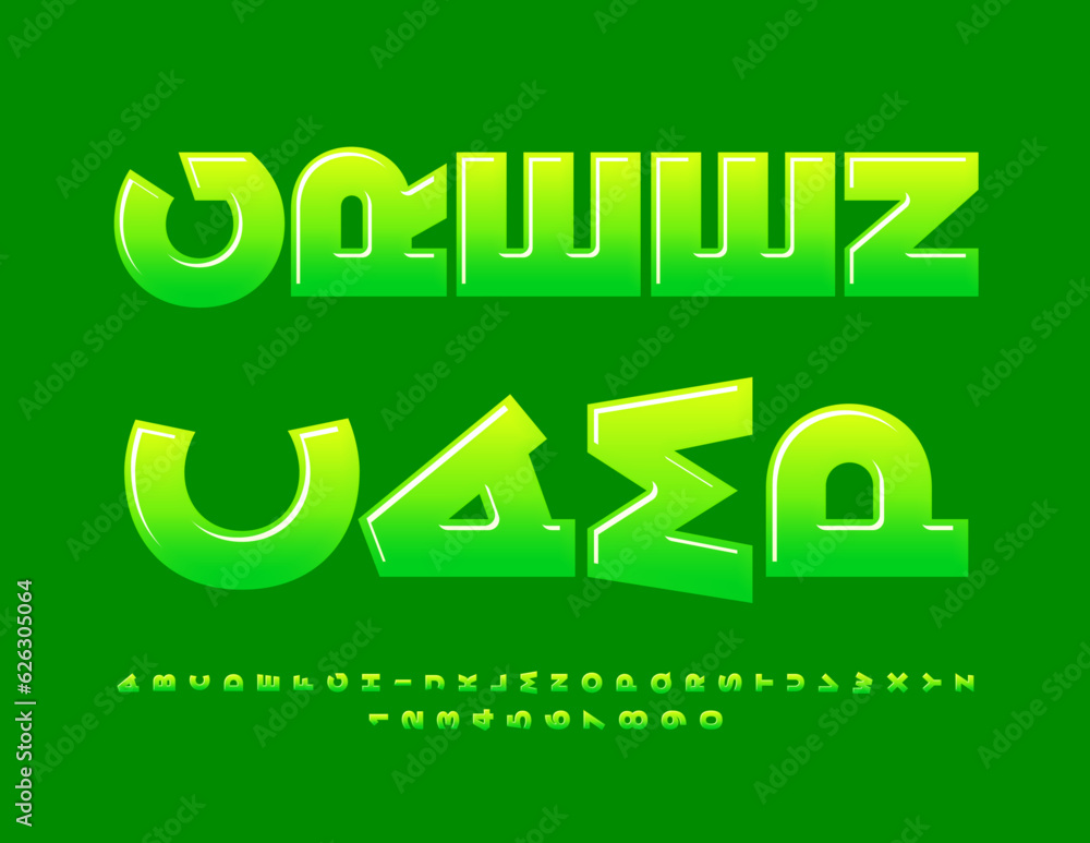 Vector eco badge Green Camp. Funny Rotated Font. Glossy Green Alphabet Letters, Numbers and Symbols Vector eco badge Green Camp. Funny Rotated Font. Glossy Green Alphabet Letters, Numbers and Symbols