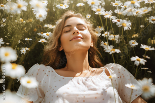 Beautiful young woman lying in a field of chamomile flowers. A serenity, peace, and bliss expression, connection with nature reflect gratitude and contentment and tranquility
