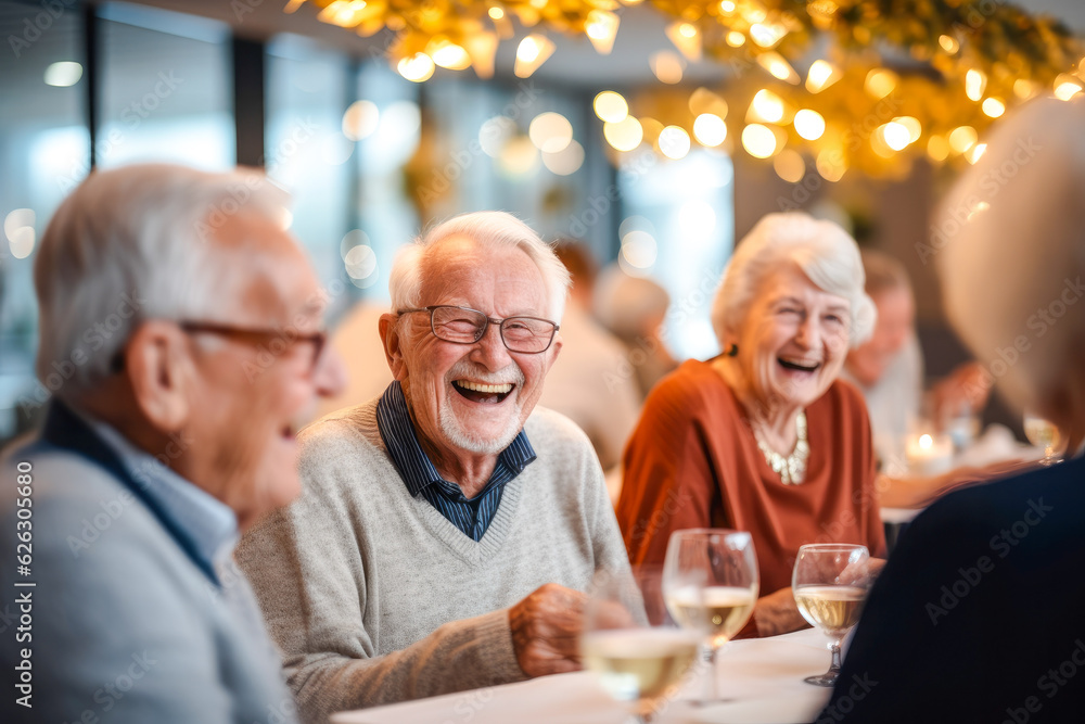 A group of joyful seniors enjoying companionship at a social club, having fun and cheering A group of joyful seniors enjoying companionship at a social club, having fun and cheering