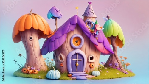 fairy house with vibrant colors Halloween decoration background  colorful look for Halloween and other spooky occasions. Generative Ai