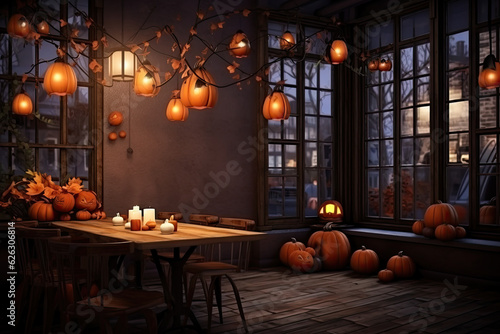 Halloween cafe interior design with pumpkin. Generative AI © Yulia Furman