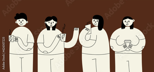People with drinks. Modern minimal characters hold tea in mugs and cappuccino or espresso in takeaway glasses. Warm beverages lovers, contemporary persons vector cartoon flat isolated set