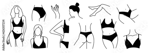 Woman parts. Female outline body in swimsuit or underwear elements. Hand drawn black and white minimal illustration. Sexy skin and plus size female characters in bra and panties. Vector isolated set
