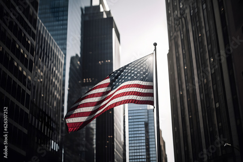 The flag of the United States in front of the skyscrappers in generic US downtown district at daytime, neural network generated image