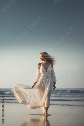beautiful woman in white flowy dress walking on a beach, Generative AI