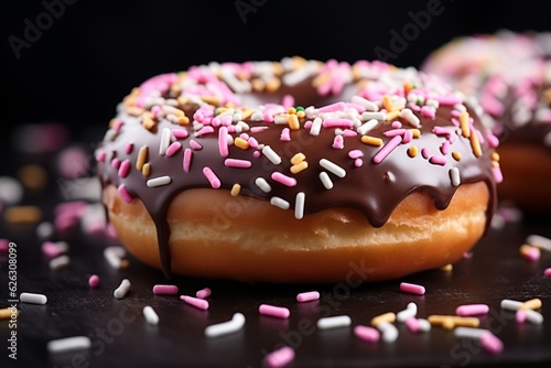Illustration of a delicious donut with chocolate frosting and colourful sprinkles on a plate created with Generative AI technology