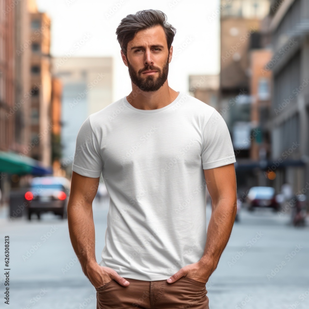 Realistic t - shirt mockup featuring a model wearing it, showcasing how the design looks when worn. Generative AI Realistic t - shirt mockup featuring a model wearing it, showcasing how the design looks when worn. Generative AI