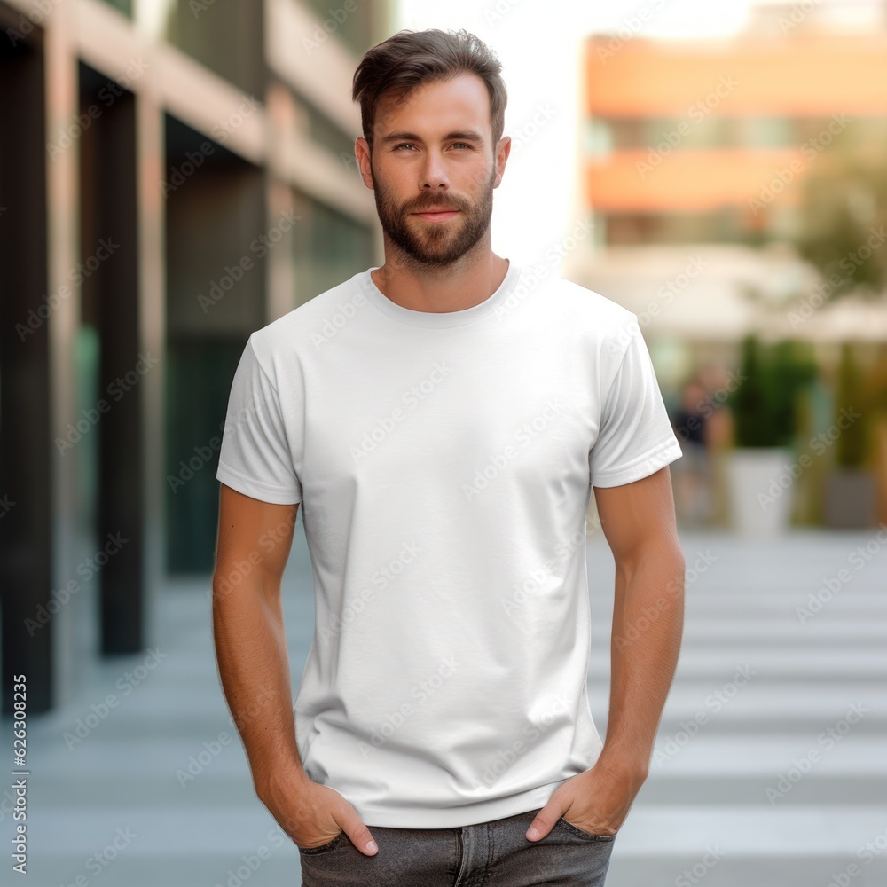 Realistic t - shirt mockup featuring a model wearing it, showcasing how the design looks when worn. Generative AI Realistic t - shirt mockup featuring a model wearing it, showcasing how the design looks when worn. Generative AI