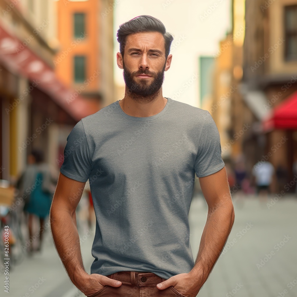 Realistic t - shirt mockup featuring a model wearing it, showcasing how the design looks when worn. Generative AI Realistic t - shirt mockup featuring a model wearing it, showcasing how the design looks when worn. Generative AI