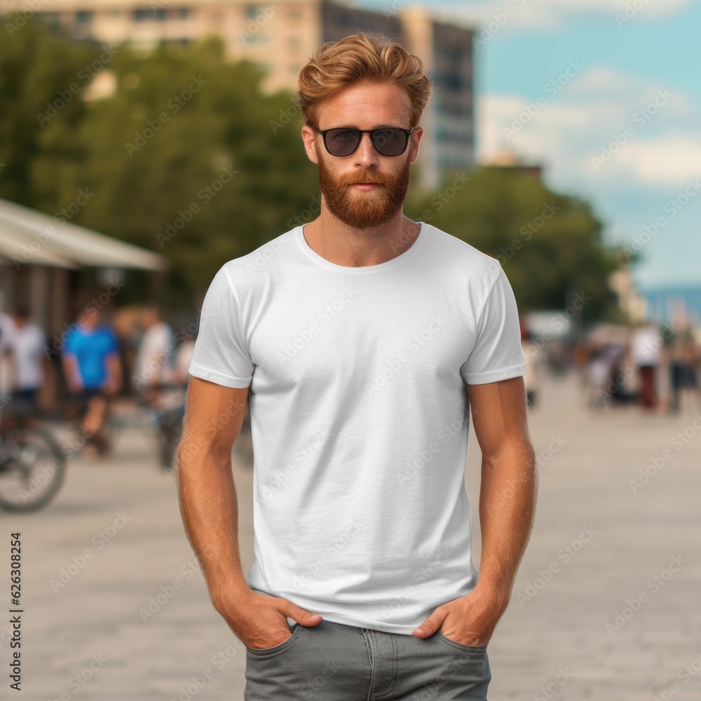 Realistic t - shirt mockup featuring a model wearing it, showcasing how the design looks when worn. Generative AI Realistic t - shirt mockup featuring a model wearing it, showcasing how the design looks when worn. Generative AI