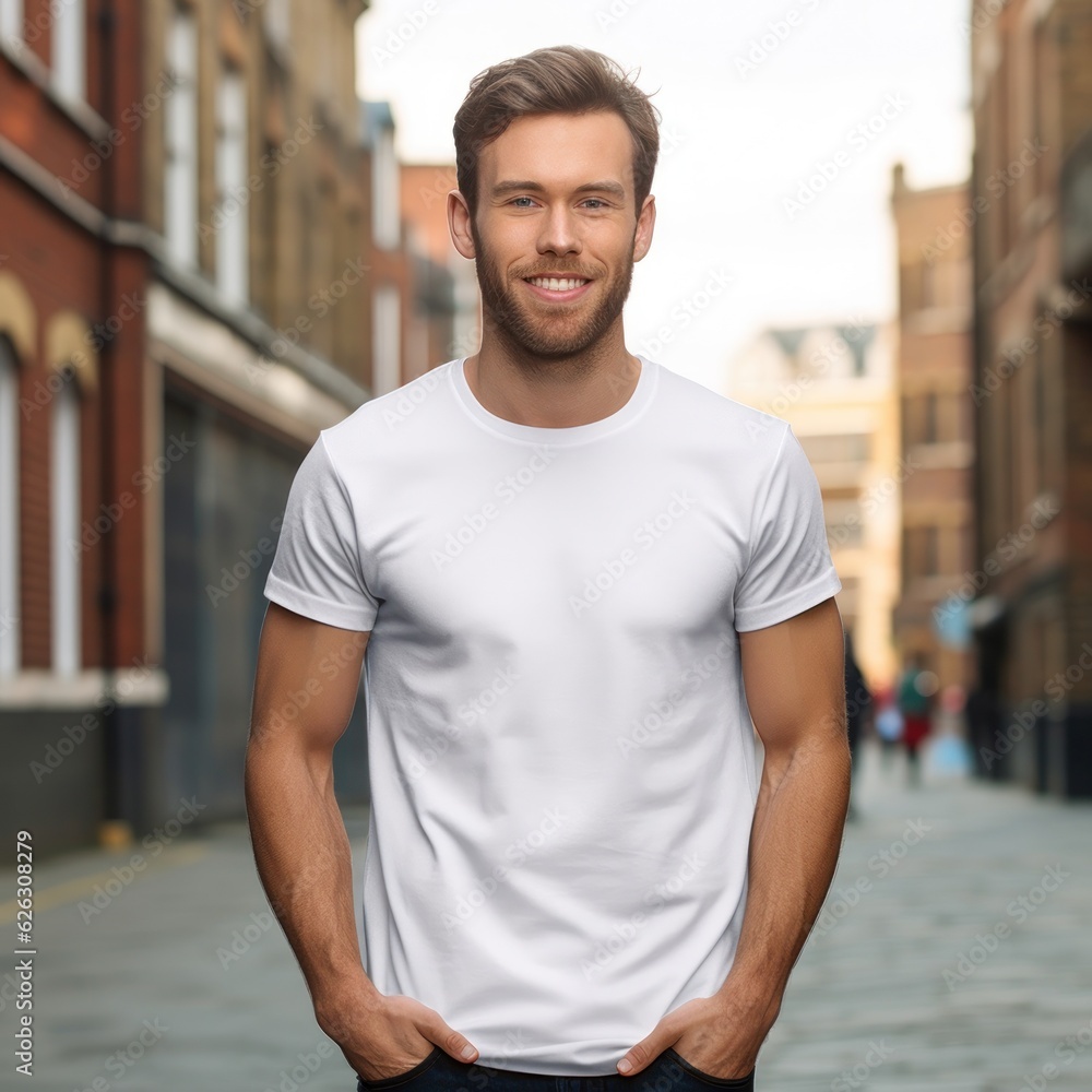 Realistic t - shirt mockup featuring a model wearing it, showcasing how the design looks when worn. Generative AI Realistic t - shirt mockup featuring a model wearing it, showcasing how the design looks when worn. Generative AI
