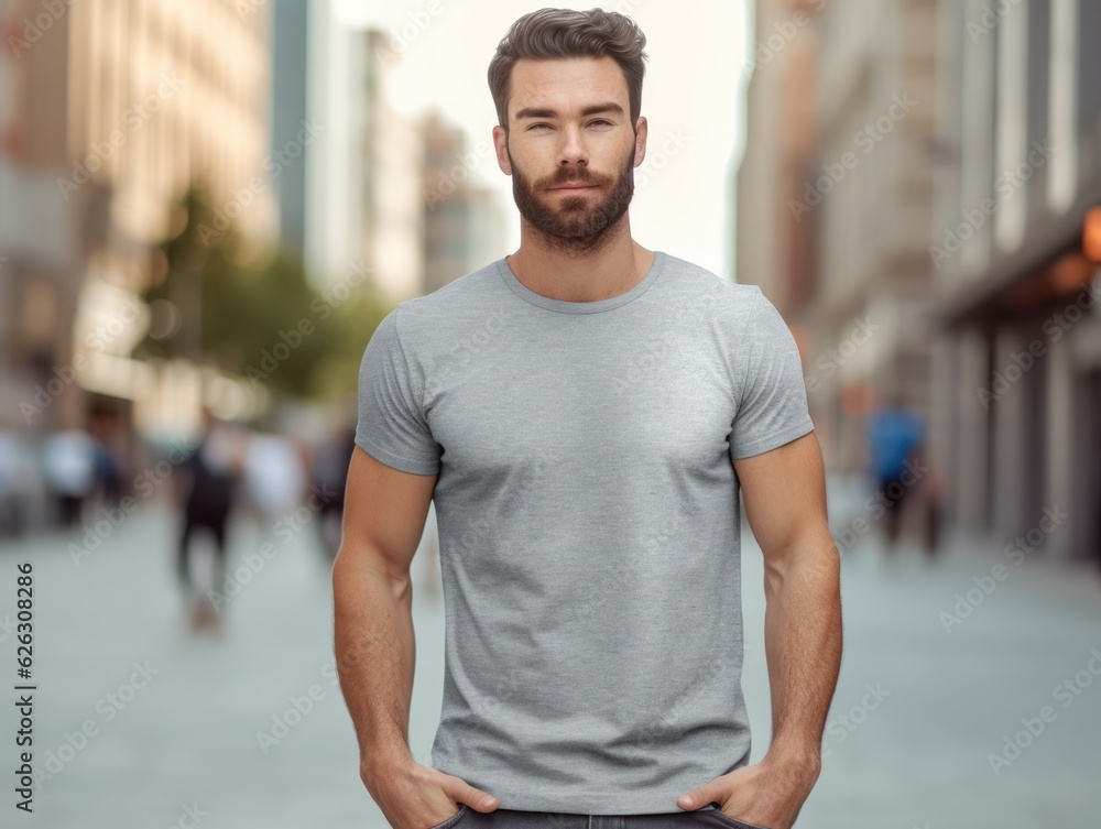 Realistic t - shirt mockup featuring a model wearing it, showcasing how the design looks when worn. Generative AI Realistic t - shirt mockup featuring a model wearing it, showcasing how the design looks when worn. Generative AI