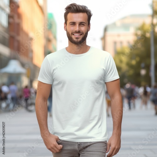 Realistic t - shirt mockup featuring a model wearing it, showcasing how the design looks when worn. Generative AI © Viktor