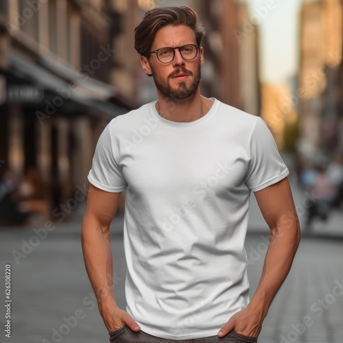 Realistic t - shirt mockup featuring a model wearing it, showcasing how the design looks when worn. Generative AI