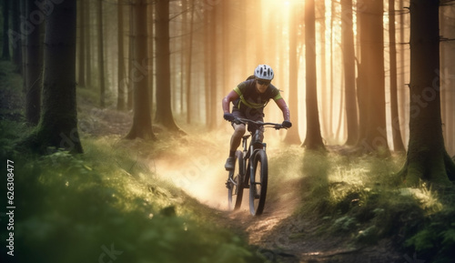 woman forest dark bike summer walking sport bicycle female cycling sunset. Generative AI.