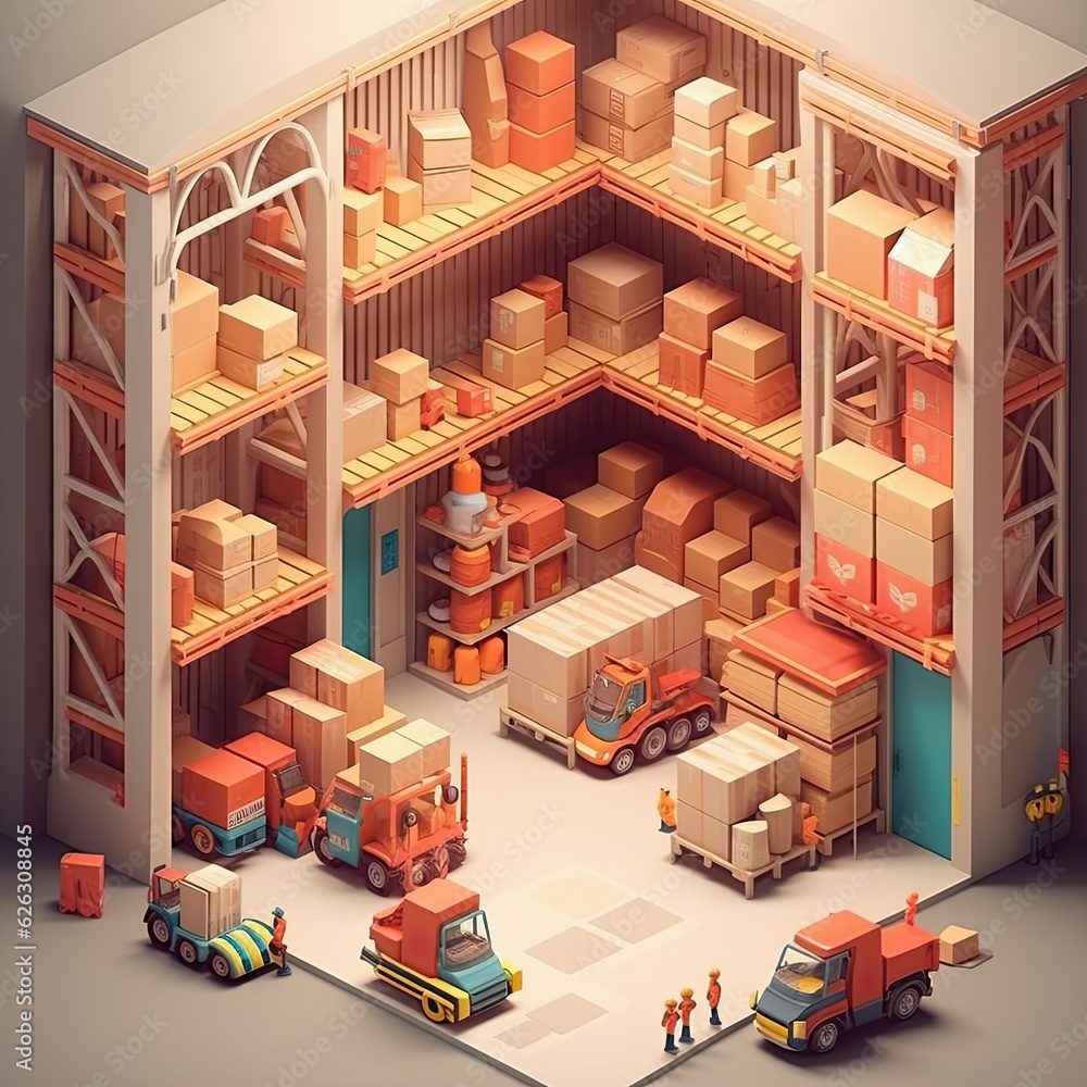 Warehouse 3d cartoon illustration - Generative AI. Warehouse 3d cartoon illustration - Generative AI.