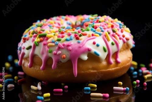 Illustration of a colourful donut with sprinkles and creamy white frosting created with Generative AI technology