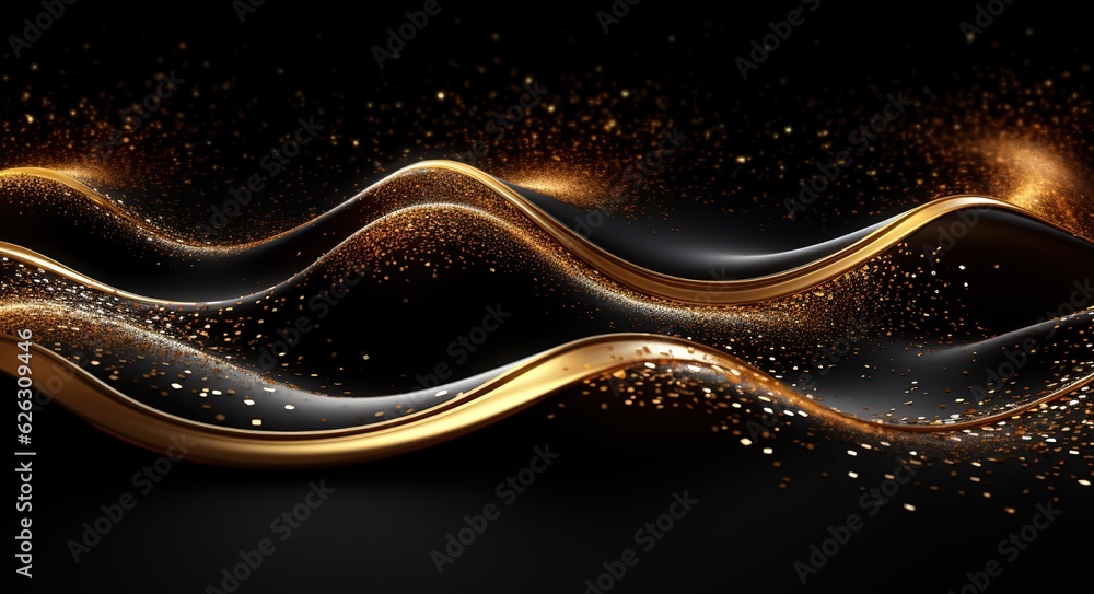 Shiny gold moving lines golden wave with glitter on dark background, design element abstract waves 3d illustration for presentation brochure, booklet, poster and disqount voucher Generative AI Shiny gold moving lines golden wave with glitter on dark background, design element abstract waves 3d illustration for presentation brochure, booklet, poster and disqount voucher Generative AI