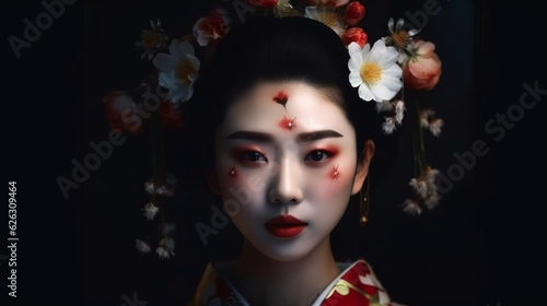 Asian Geisha Woman, Chinese, with makeup wearing a traditional cloth, against dark background. Made with AI Generative technique