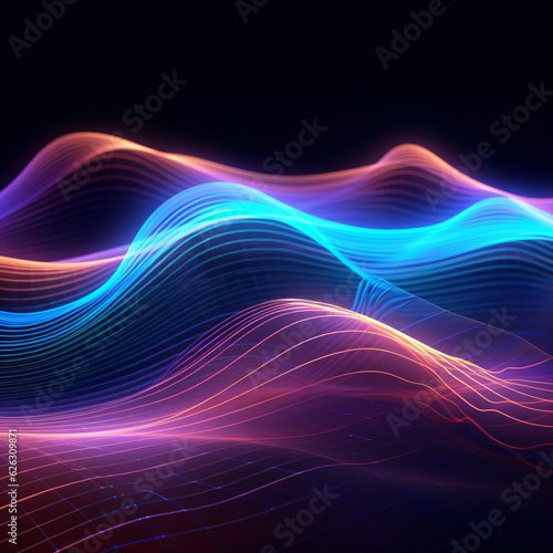 Dark abstract background with a neon glowing abstract waves, abstract background for wallpaper created with AI 