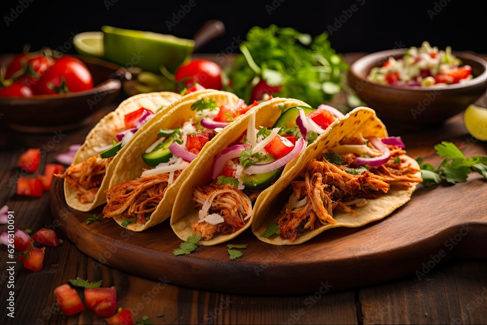 Delicious Shredded Chicken Tacos with Mexican Flavors and Spicy Salsa Enclosed in Soft Tortillas - Perfect Meal for Anytime: Generative AI Delicious Shredded Chicken Tacos with Mexican Flavors and Spicy Salsa Enclosed in Soft Tortillas - Perfect Meal for Anytime: Generative AI