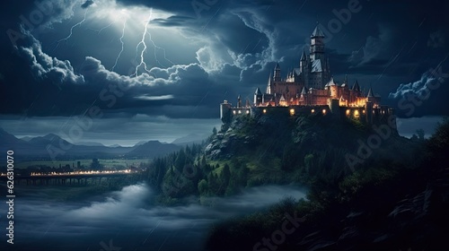 Castle on a Hill at Night During A Stormy Evening. Dramatic and Impressive Mediaeval Landscape with Silhouette Sky. Generative AI