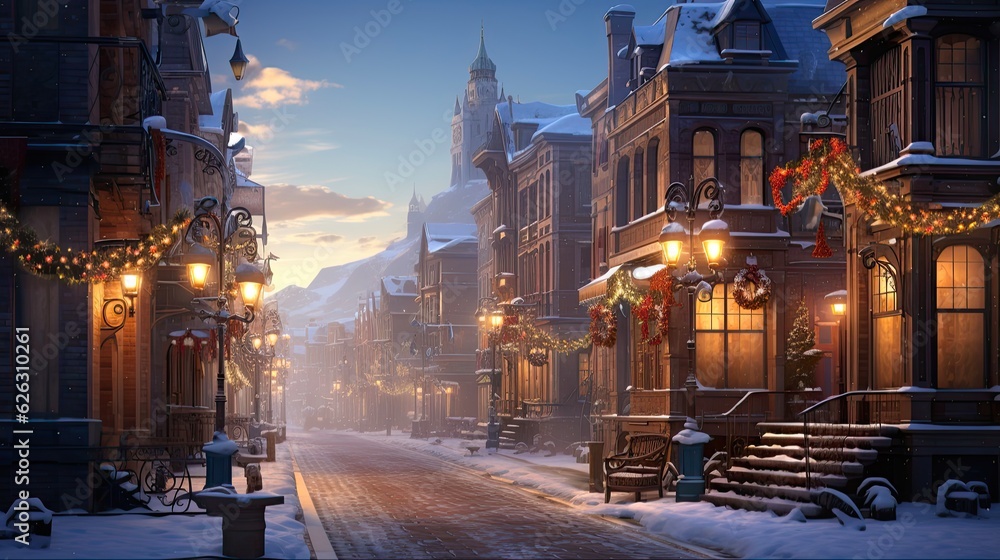 Winter Wonderland in Victorian City: Digital Matte Painting of Snowy Street Landscape for Christmas and Holiday Urban Townscape. Generative AI