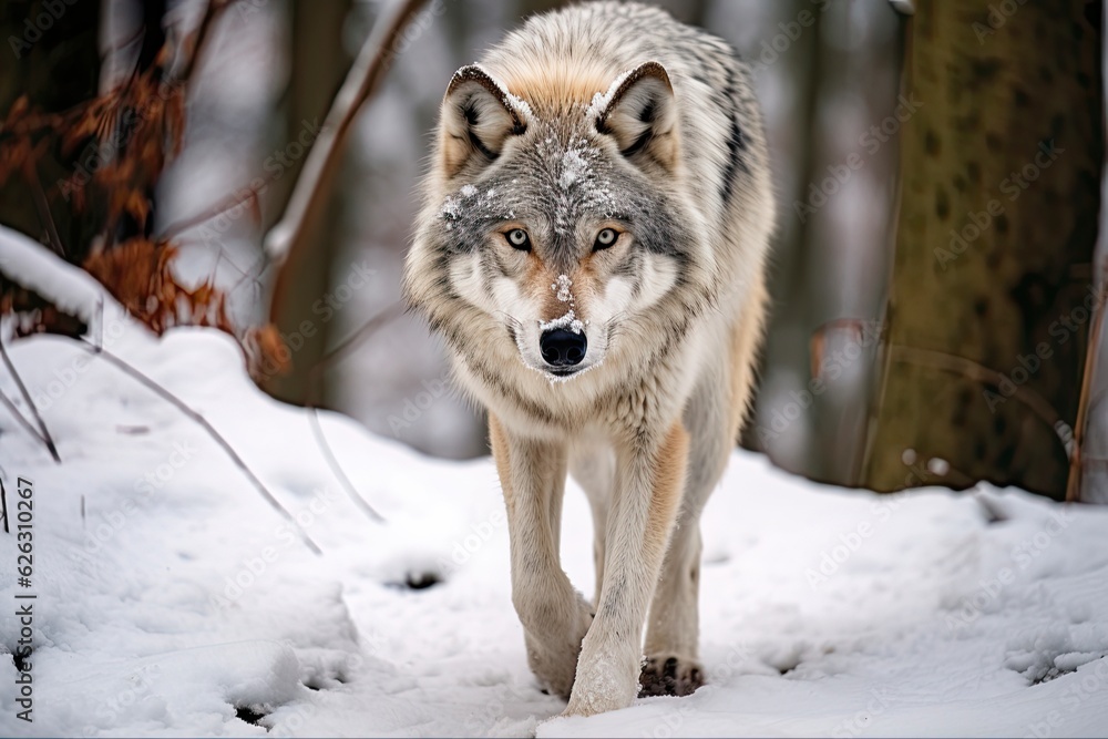 Wolf Walking in Winter Wonderland: A Lonely White Wolf Stalking Through Snowy Forest Wood on a Day of Wildlife Adventure. Generative AI
