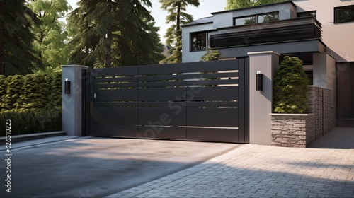 Fotografia Steel Automatic Sliding Gate System for House Entrance | Motorized Iron Gate with Automation and Engine