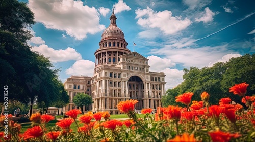 Texas State Capitol Building with Colorful Flowers in Front Yard, Austin on a Sunny Summer Day - American Architecture and Landmark: Generative AI photo