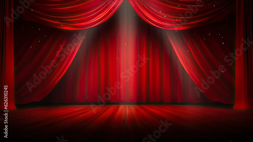 Stage Magic: Red Curtain Theater Show with Spotlight. Opera Interior Background, Scene of the Holiday Representation and Christmas Event. Generative AI