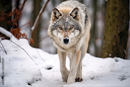 Wolf Walking in Winter Wonderland  A Lonely White Wolf Stalking Through Snowy Forest Wood on a Day of Wildlife Adventure. Generative AI