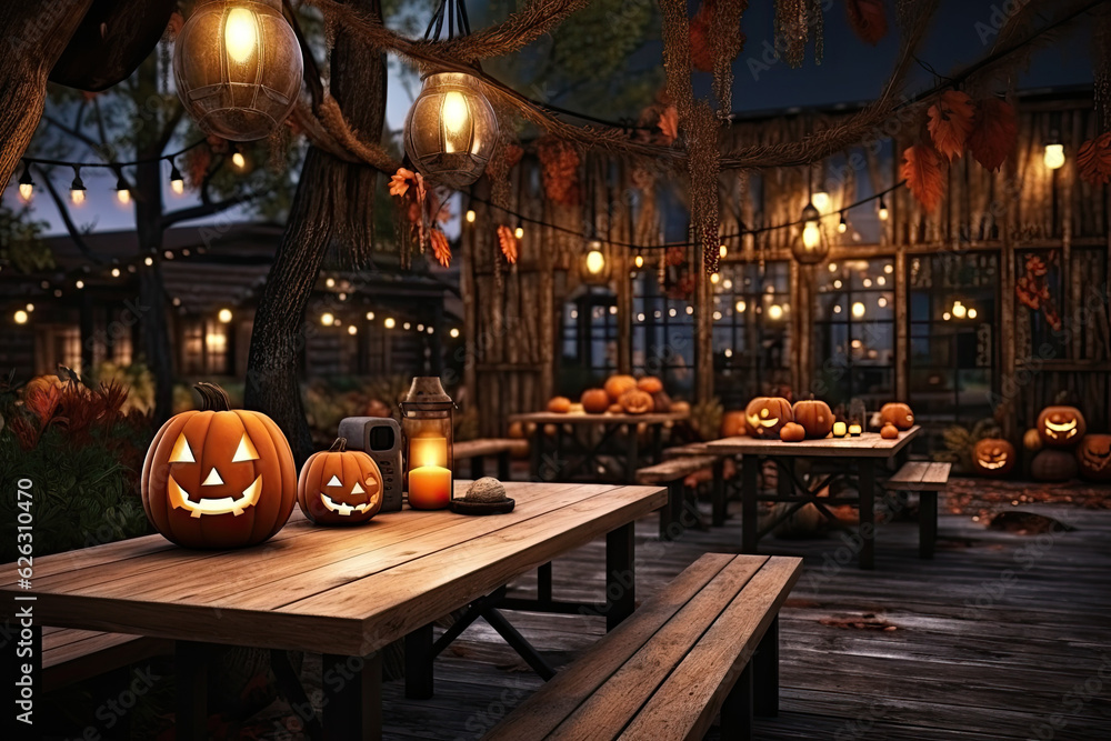 Halloween cafe interior design with pumpkin. Generative AI