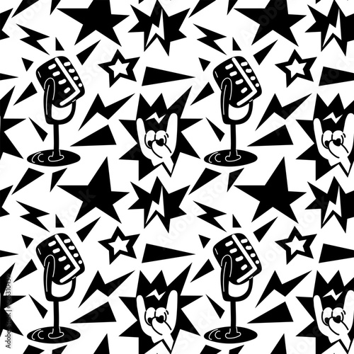 A pattern with elements of punk rock music, seamless on a white background. Black design elements, fingers, hands, star, microphone, zipper, triangle, sharp. Packaging for music festivals
