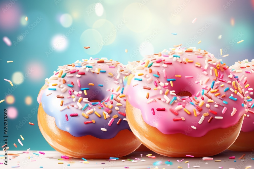 Illustration of a colourful assortment of iced and sprinkled doughnuts up close created with Generative AI technology Illustration of a colourful assortment of iced and sprinkled doughnuts up close created with Generative AI technology