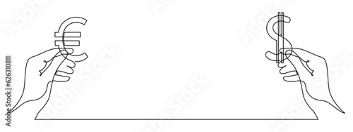 Currency exchange,one line art,hands with currency continuous contour drawing,hand-drawn international financial valuta business sign,trendy template for web design,social media.Editable stroke.Vector