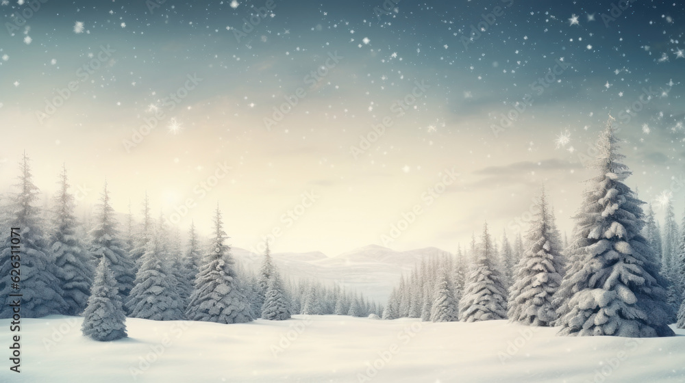 Christmas background with fir snow covered forest.